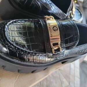 Black Croc Embossed Loafers with Gold Accent